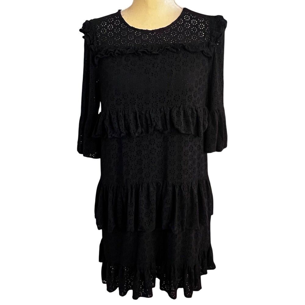 Madewell Women's Black Eyelet Ruffle Tiered Dress Flounce Sleeve Size 4